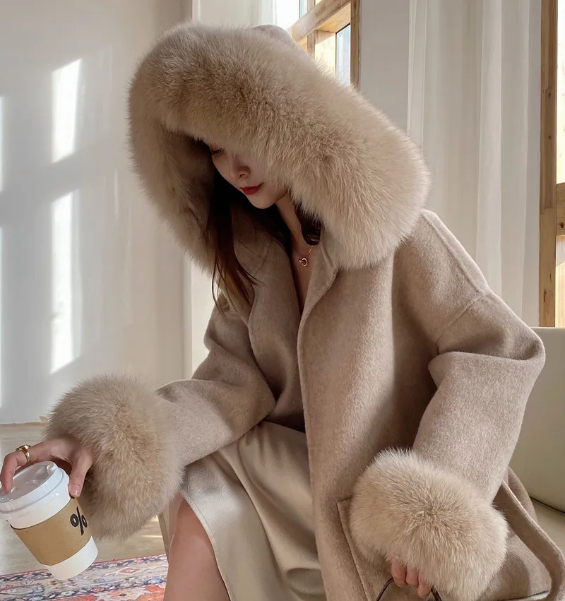 

High-Quality fall winter real Cashmere Woolen Coat With Real Fox Fur Hoodie famous real fox fur coats outerwear dropshipping