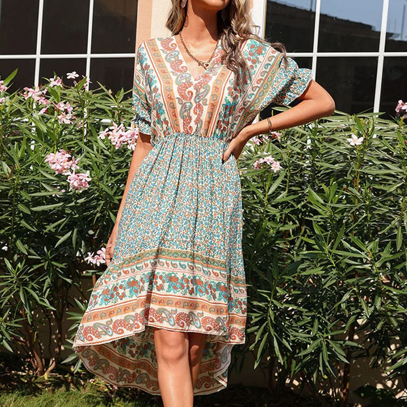 

Новинка 2023, летнее женское асимметричное зеленое платье с принтом