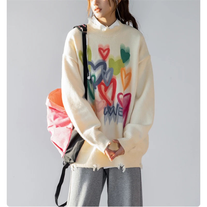 

Women's Colorful Love Printing Round Neck Long Sleeve Knitted Sweater Spring Autumn Fashion Female Broken Hole Design Jumpers