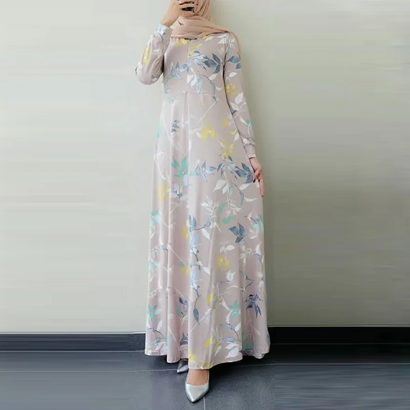

Autumn Floral Printed Maix Long Dress Women Long Sleeve Dubai Abaya Turkey Hijab Dress Jilbab Islamic Clothing Caftan