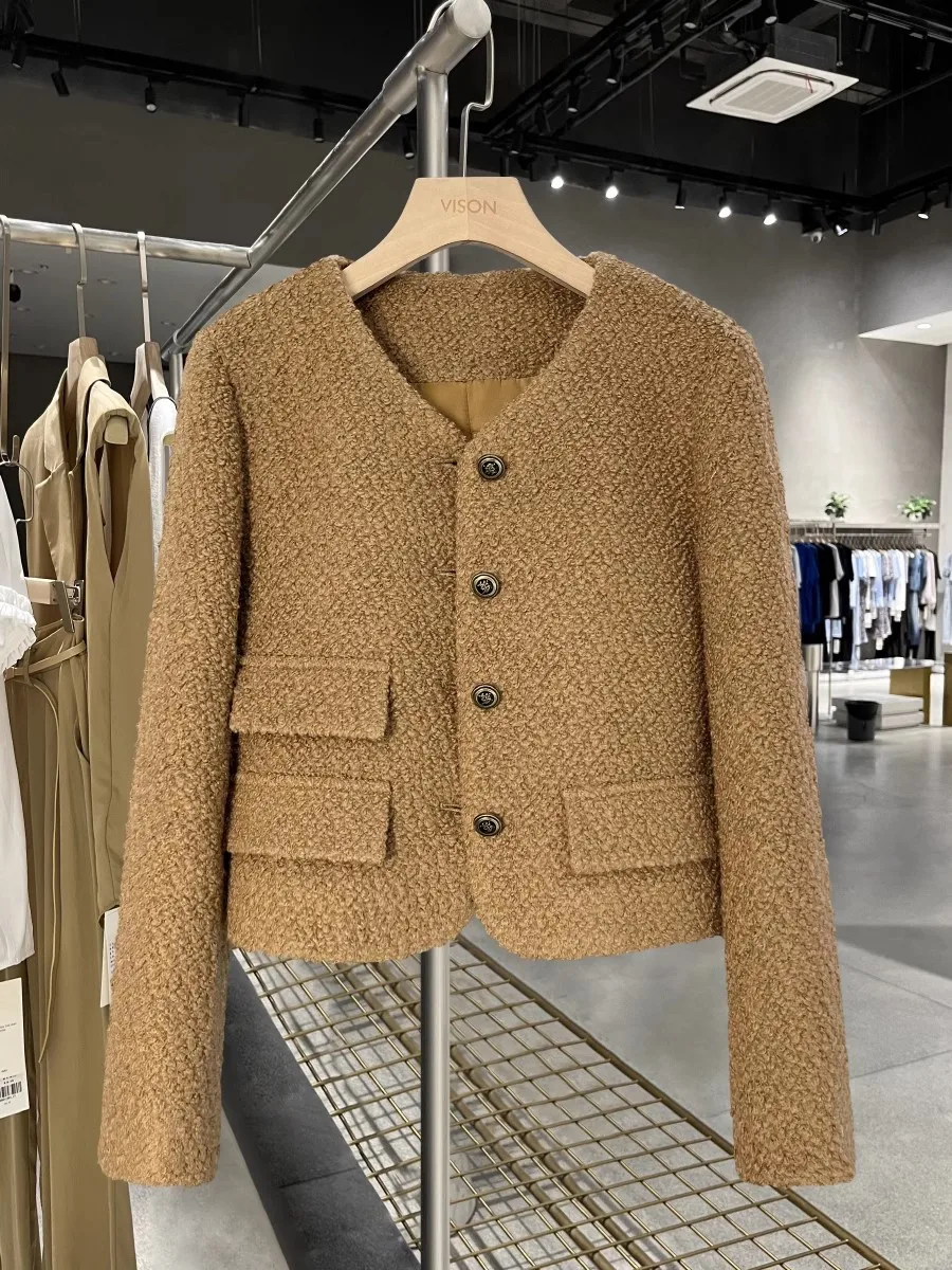 

Autumn and Winter Jacket Casual Woolen Long Sleeve Single Breasted Khaki Coat Women's 2023