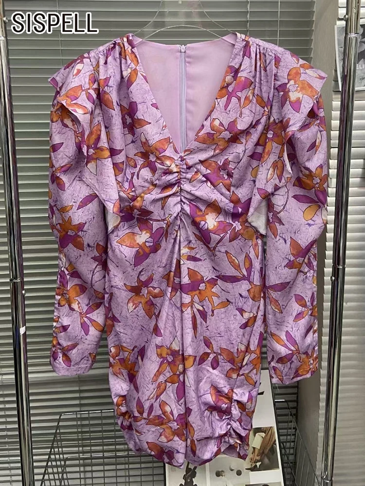 

SISPELL Sheath Ruched Print Floral Colorblock Mini Dress For Women V Neck Puff Sleeve High Waist Sexy Mini Dresses Female Summer