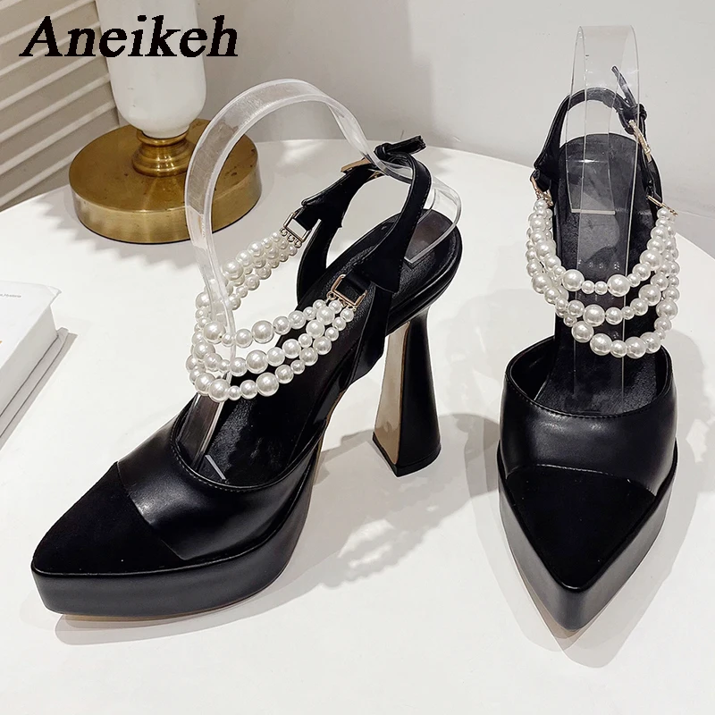 

Aneikeh 2024 Spring Fashion Pointed Toe Black PU Women High Heel Shoes Ankle Buckle Strap White Pearls Decoration Party Pumps