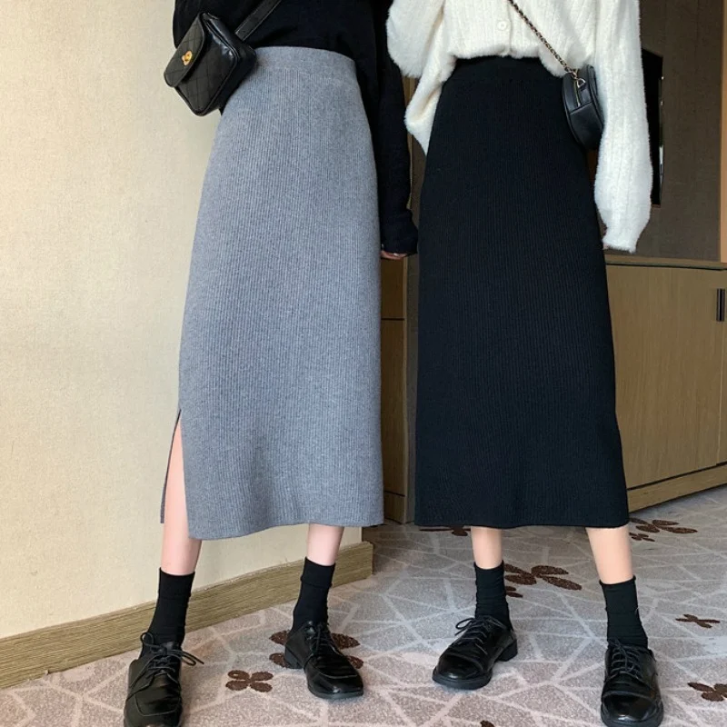 

Autumn and Winter 2022 Korean Long Back Slit Skirt Hip Skirts All-match High Waist Slimming Black Knitted Skirt Women