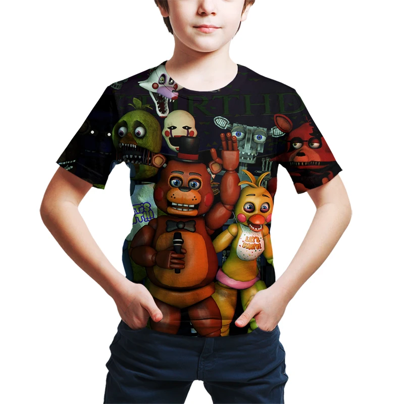 

Новинка 2023, летние футболки для мальчиков и девочек с надписью Five Night at Freddy, футболки с коротким рукавом и мультяшным принтом, модные повседн...