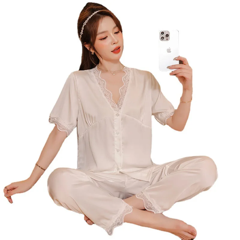 2023 New Summer Pajamas for Women's Plus Size Sexy Pure Desire Style Short-sleeved Trousers Home Service Suit Casual Sleepwear
