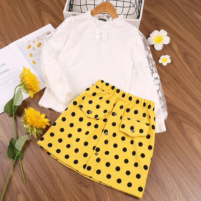 

2pcs Spring Kids Girls Clothing Sets Baby Girls Clothes Suit Long Sleeve Top + Print Dot Skirt Autumn Teenager Outfits for 3-8T