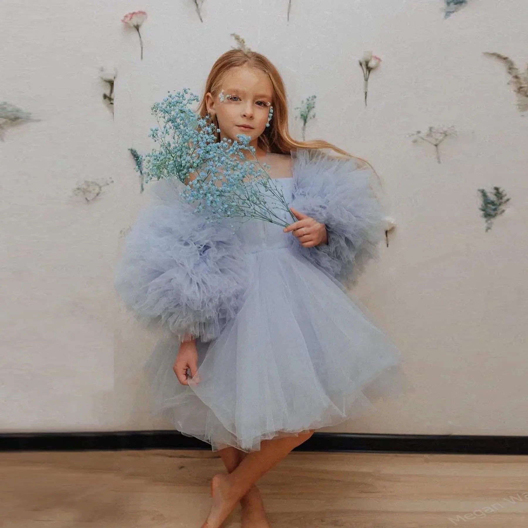

Пышные Длинные платья Cutie для девочек, ТРАПЕЦИЕВИДНОЕ ПЛАТЬЕ средней длины с оборками в несколько рядов, Тюлевое платье для детей, фотосессия голубого цвета
