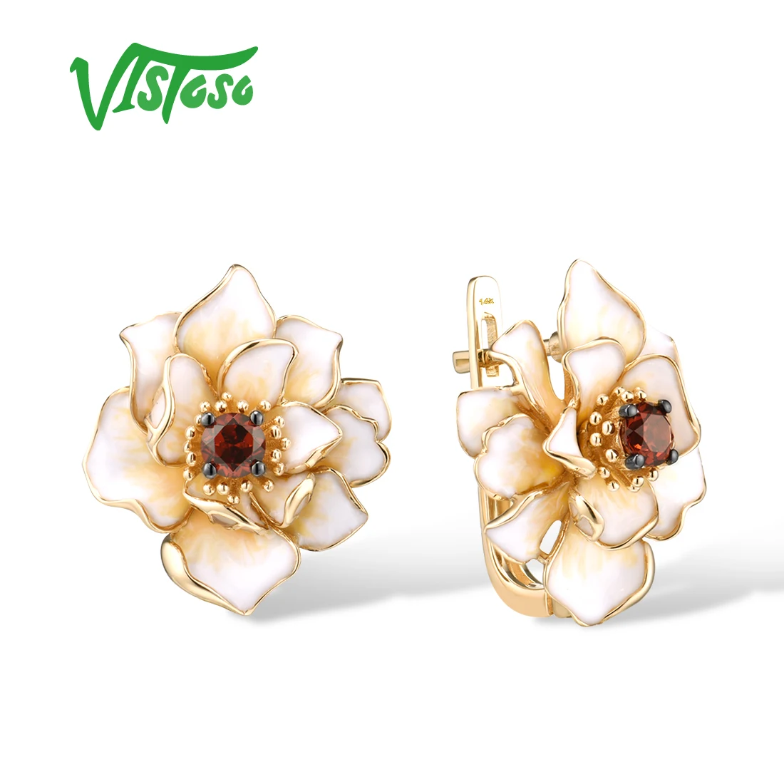 

VISTOSO Pure 14K 585 Yellow Gold Earrings For Women Sparkling Garnet White Peony Flower Charming Elegant Fine Jewelry Enamel