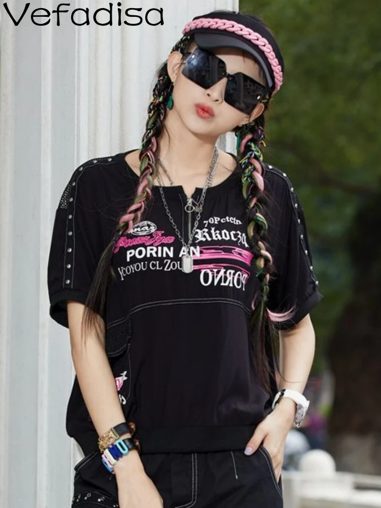 

Женская свободная футболка Vefadisa, черная или белая Повседневная футболка с круглым вырезом, на молнии, с надписью, модель ZY1691 на лето, 2023