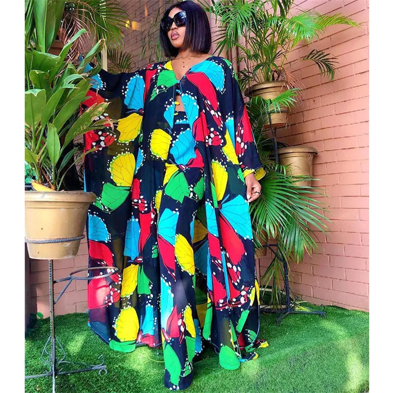

2 Piece Set Women Africa Clothes 2022 African Dashiki New Fashion Two Piece Suit Long Tops + Wide Pants Party Big Size For Lady