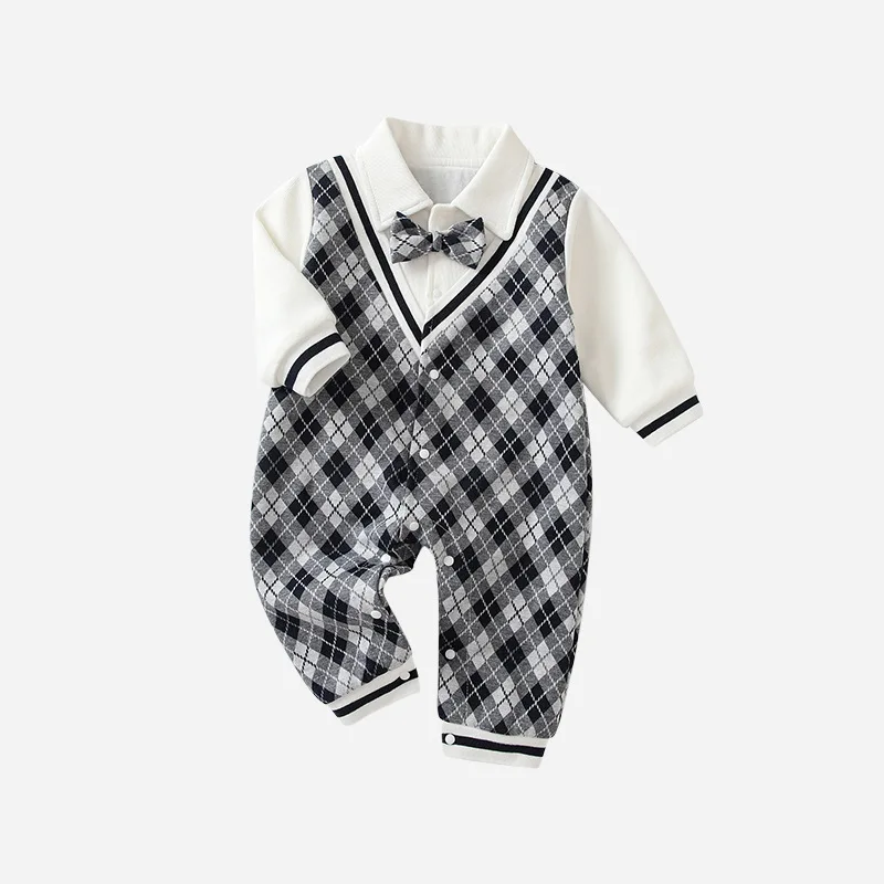 

2023 Autumn Newborn Boys Rompers Cotton Palid Spliced Long Sleeve Bow Tie Infant Boys Bodysuit Exterior Stretch Baby Boy Outfits