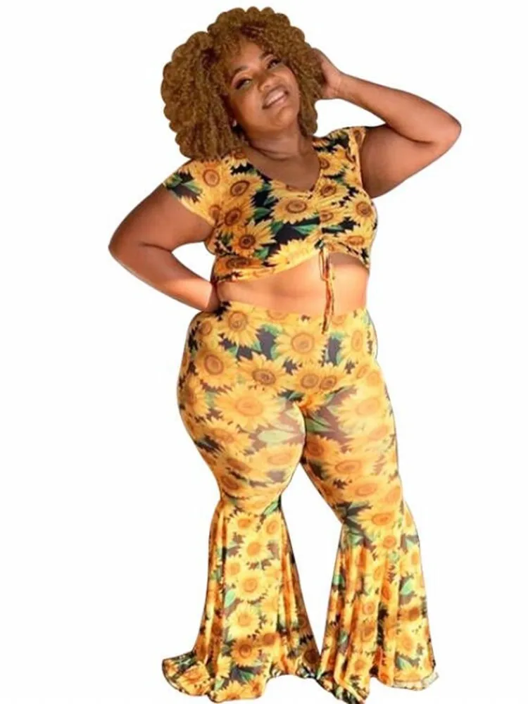

4XL Plus Size Women Sets Drawstring V Neck Crop Tops Outfits Summer New Floral Print Big Size Street Style Sexy Flare Pant Suits