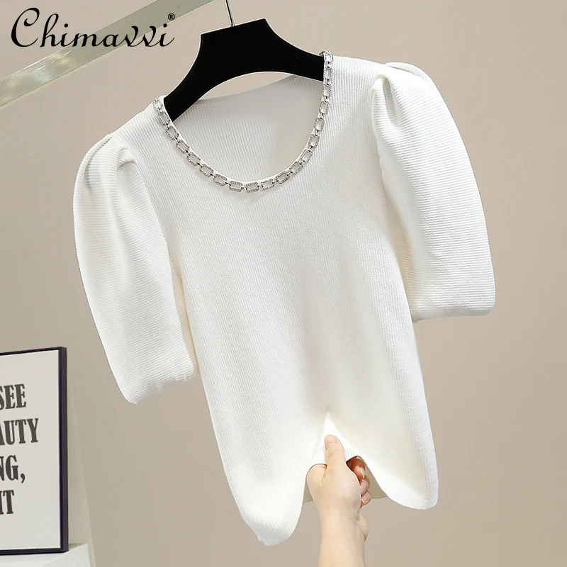 

Изысканная Стразы Винтажная футболка с буффами на рукавах с металлической цепочкой женский модный элегантный пуловер с круглым вырезом об...