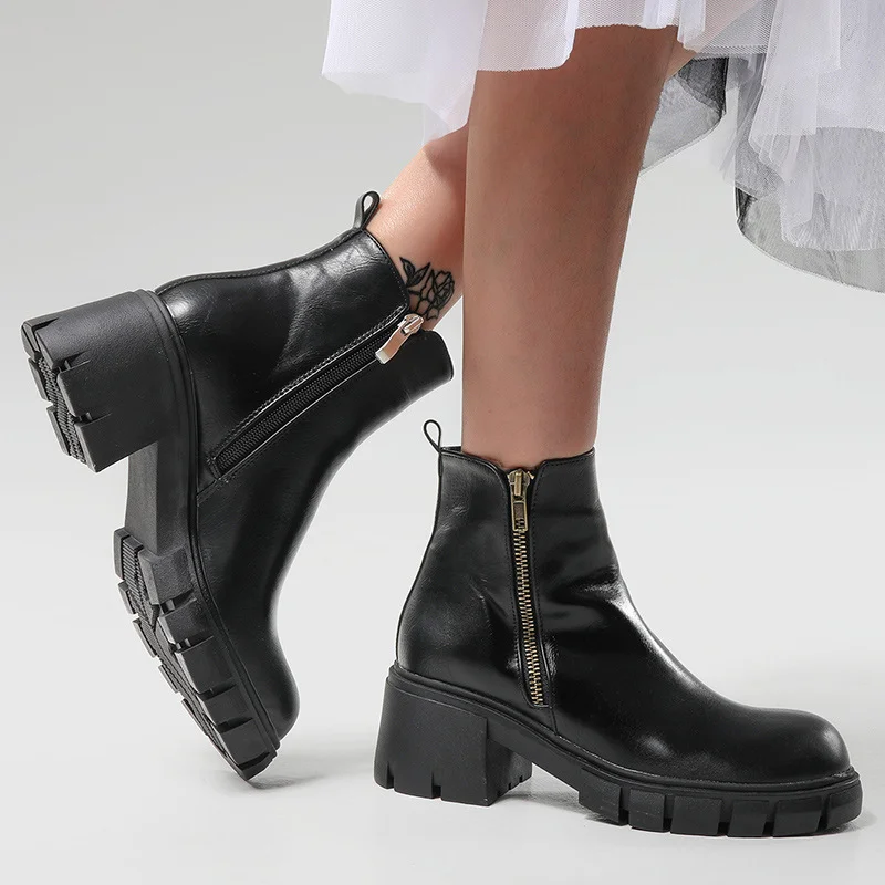 Ankle Boots Thick Soled Women's Leather Boots Round Head Elastic Belt Fashionable Thick Soled Women's Shoes Genuine Leather New