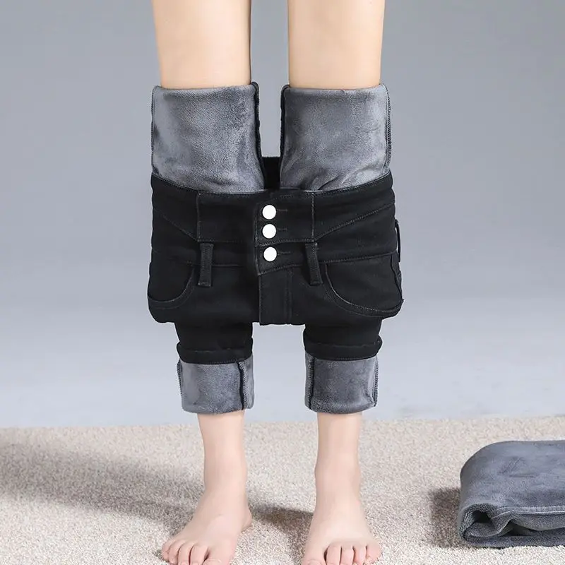 

Winter Cotton Elastic Denim Thick Fleece Jeans Women Stretch Warm Skinny Denim Velvet Pencil Jeans Stretch Female Trousers E583