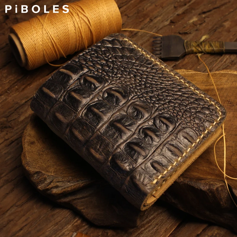 Handmade Genuine Leather Men's Wallet Women's Wallet Crocodile Pattern Short Wallet Male's Purse With 6 Credit Card Slots Money