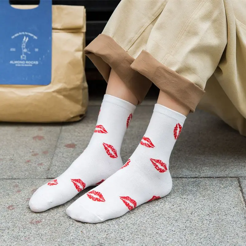 5pairs Women's Autumn New Red Lips Socks Personalized Fashion Cotton Crew Socks Men Korean Version Of Hip Hop Trendy Happy Socks