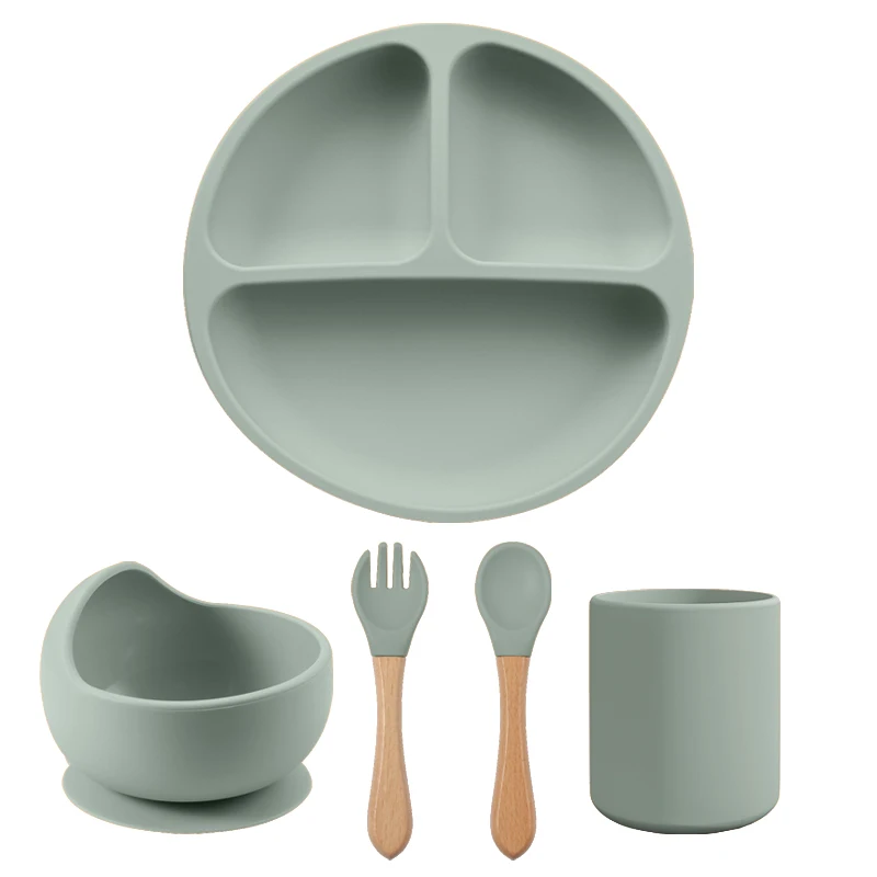 

4Pcs/Set Baby Silicone Tableware Set Baby Feeding Divided Plate Bowl Cup Spoon Fork Set for Kids Plates Training Dishes BPA Free