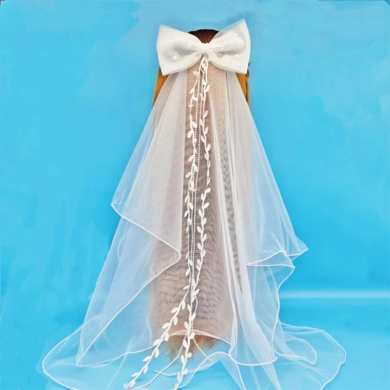 

Pearl&Bowknot Decor Long Tulle Wedding Bridal Veil with Fix Hair Comb for Marriage Wedding Celebration Party Accessories