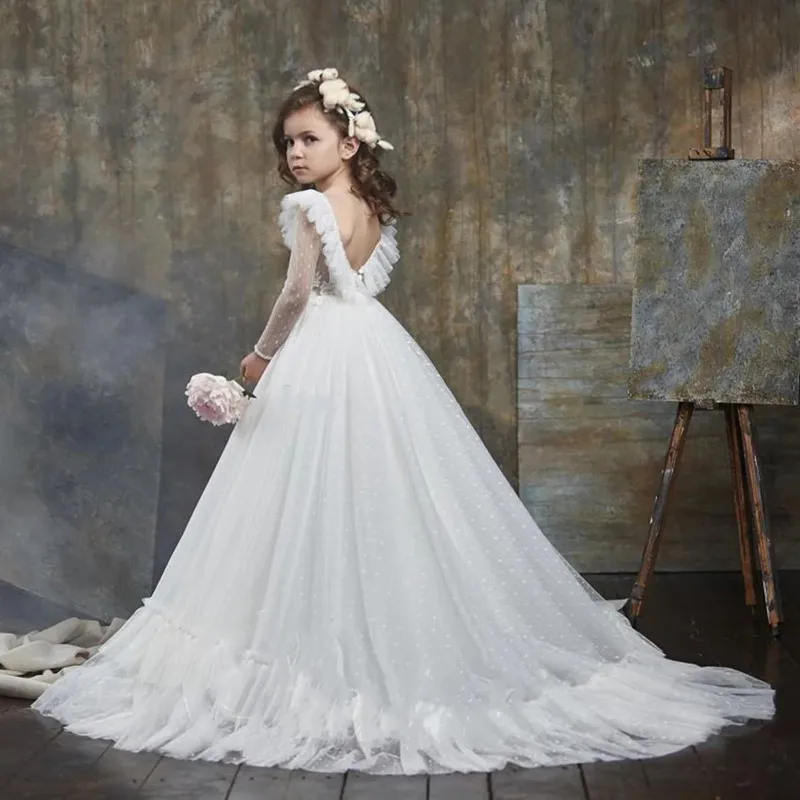 

Цветочные платья для девочек на свадьбу, прозрачные кружевные платья с аппликацией на спине для девочек, платья принцессы