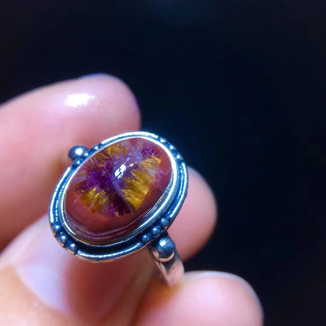 

Natural Cacoxenite Red Auralite 23 Bead Adjustable Ring 12/8mm Women Men Gold Rutilated Quartz Oval Jewelry AAAAAA