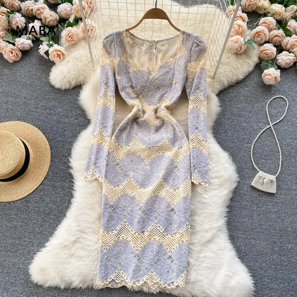 

Женское кружевное платье-карандаш с V-образным вырезом и длинным рукавом