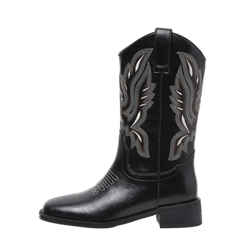 Fashion Embossed Microfiber Leather Women Boots Pointed Toe Western Cowboy Boots Women Knee-High Boots Chunky Wedges