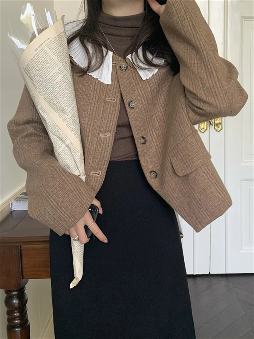 

HziriP 2022 Lady Coffee Folds Woolen Retro Women Slim Coats Autumn Office Wear High Street New All Match Casual Fashion Blazers