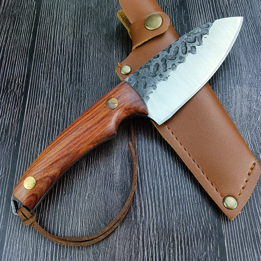 

New Handmade Kitchen Meat Cleaver Knife Outdoor Hunting Straight Knife 7Cr13mov Blade Rosewood Handle EDC Survival Camping Knife