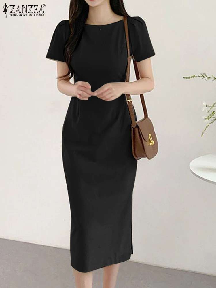 

ZANZEA Summer Split Hem Dresses Stylish Mid-calf Dress Short Sleeve O-Neck Solid Color Vestido Elegant Casual Vintage Robe 2022