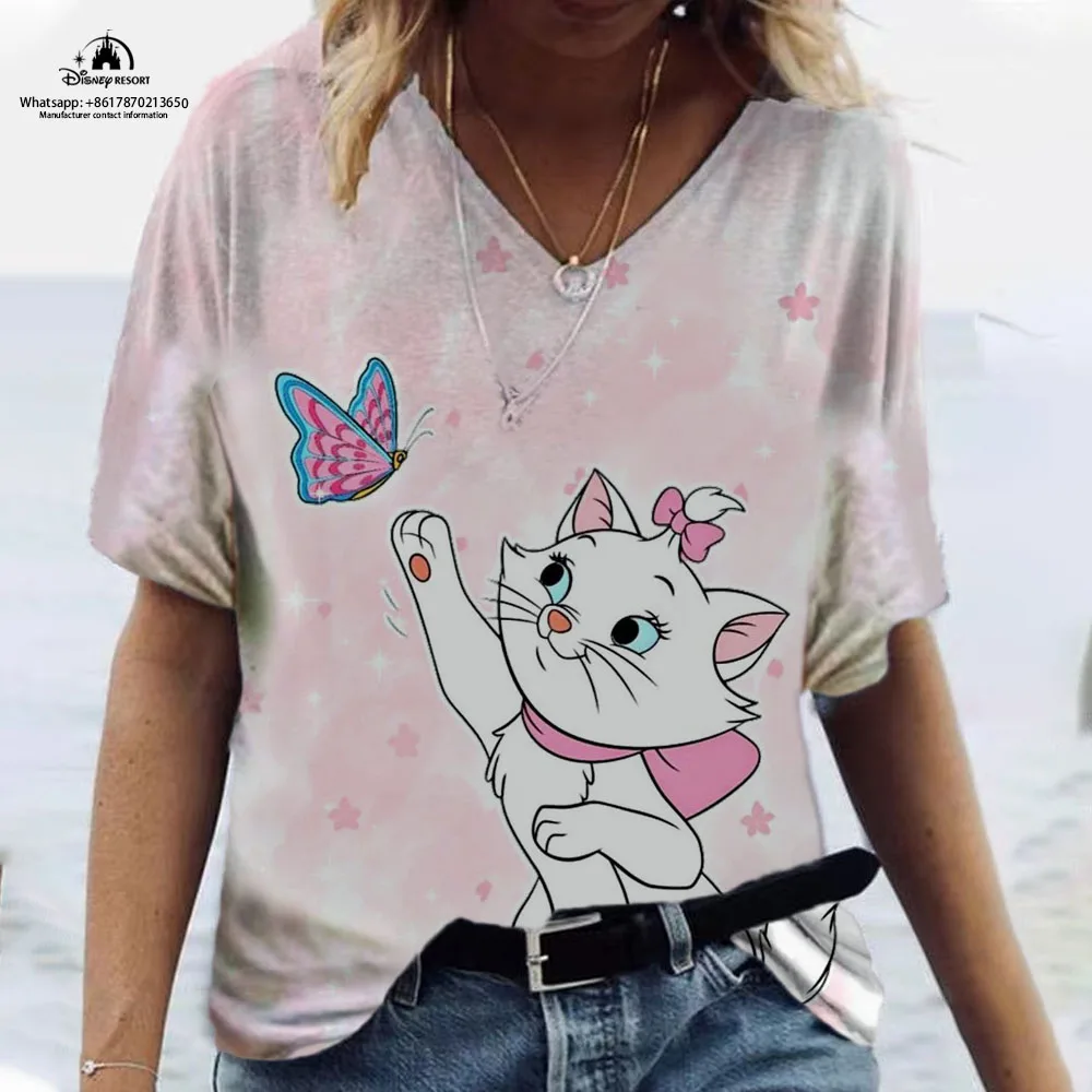 

2023 Summer Hot Sale New Mary Anime Printing Women's T-shirt Casual V-neck Fashion Trend High Quality Short Sleeves