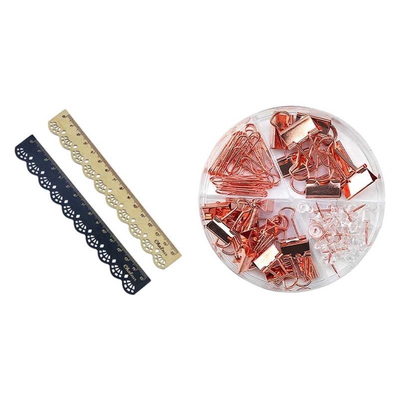 

2 Pcs Beautiful Stationery Lace Wood Ruler With Fashion Binder Clips Paper Clips Push Pins Sets With Box