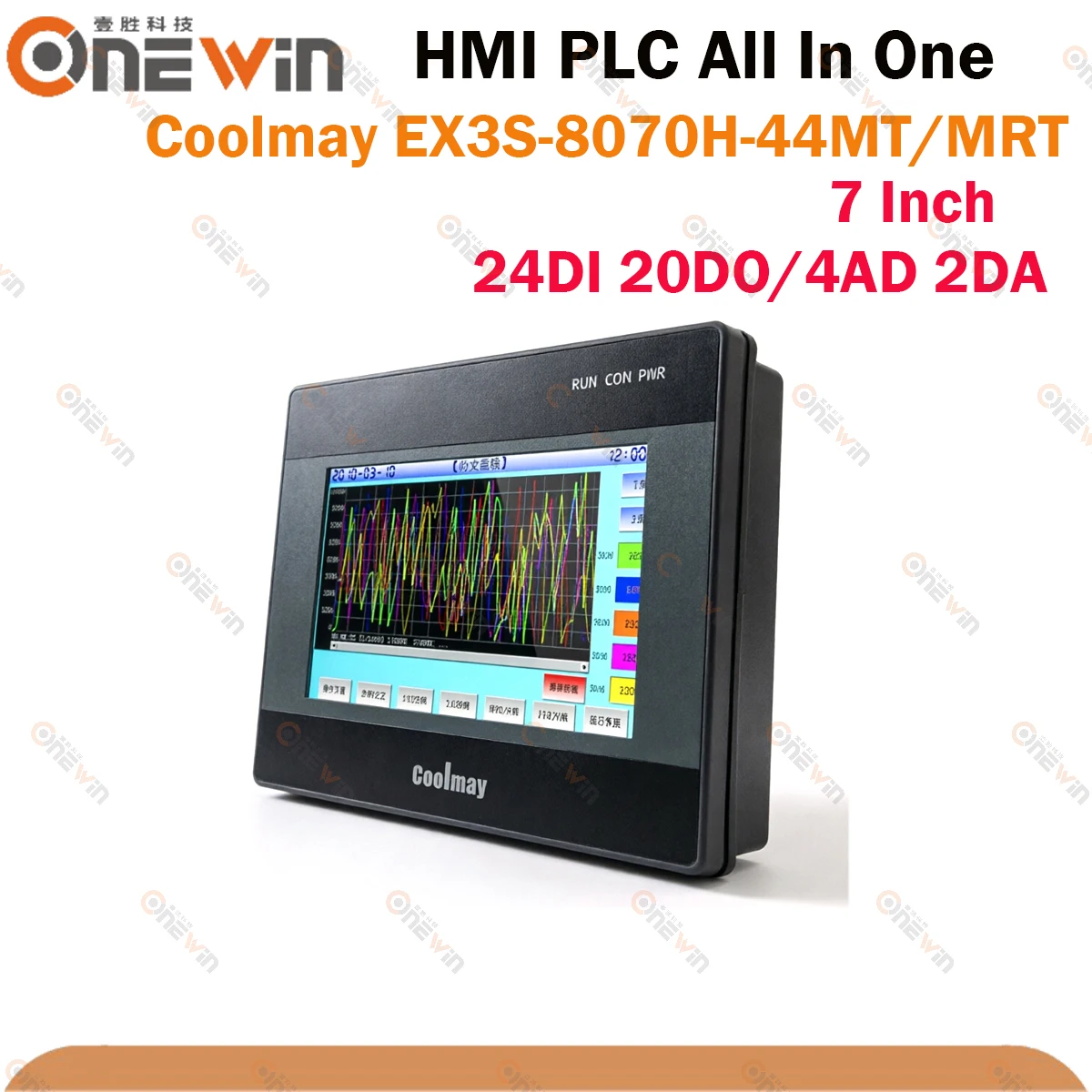 Фото Многофункциональный HMI/ПЛК Coolmay 7 дюймов 24DI 24DO EX3S-8070H-44MT 44MRT с сенсорным экраном, 4AD, 2DA, MODBUS, RS232, RS485, интегрированный №1