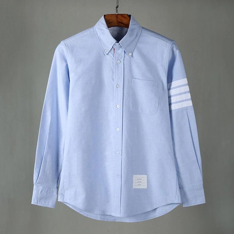 TB Shirts Men New Shirts Long Sleeve Striped Men Slim White Casual Shirt Turn Down Collar Oxford Solid Men's Clothing