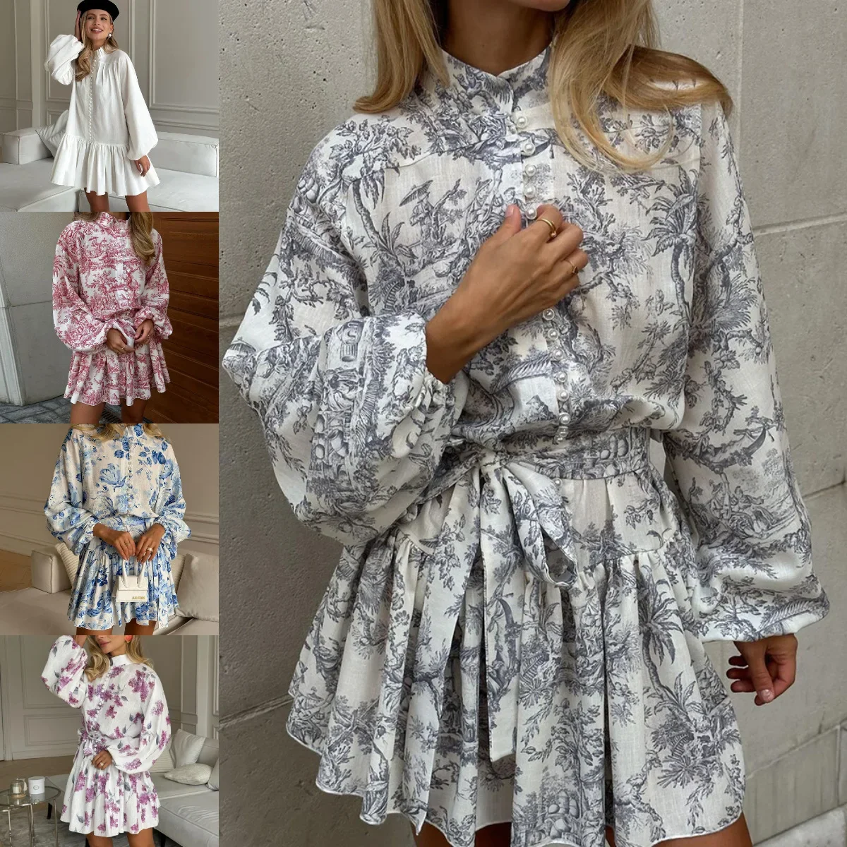 2024 ранняя осень винтажное женское платье с пышными рукавами облегающее талию