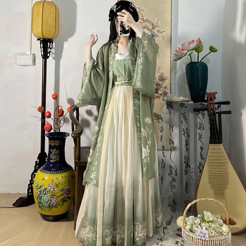 

Женский китайский традиционный костюм для косплея Hanfu, платье ханьфу династии древней песни, весенне-летние зеленые комплекты из 3 предметов, женское платье