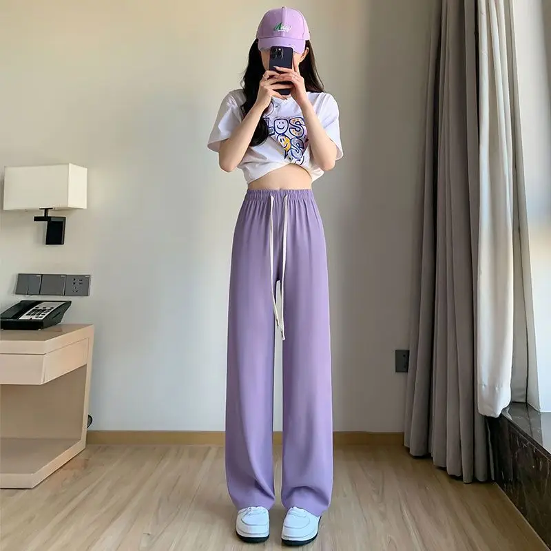 

Hot Sale Korean Fashion Ice Silk Trousers 2023 Summer Women's Smooth Wide Legs Pants Ladies Elastic Waist Plain Long Trousers