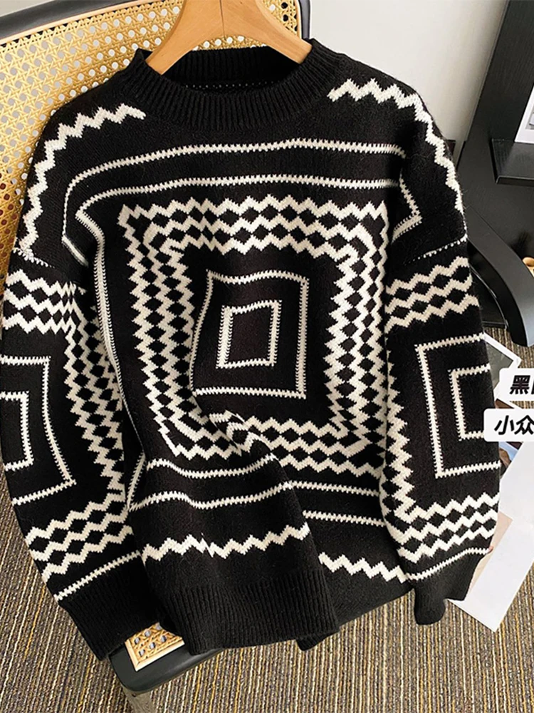 

2022 Autumn Winter Women Contrast Color Retro Print Knitwear Baggy Long Sleeve Half High Collar Lady Knit Pullover Sweater Cozy