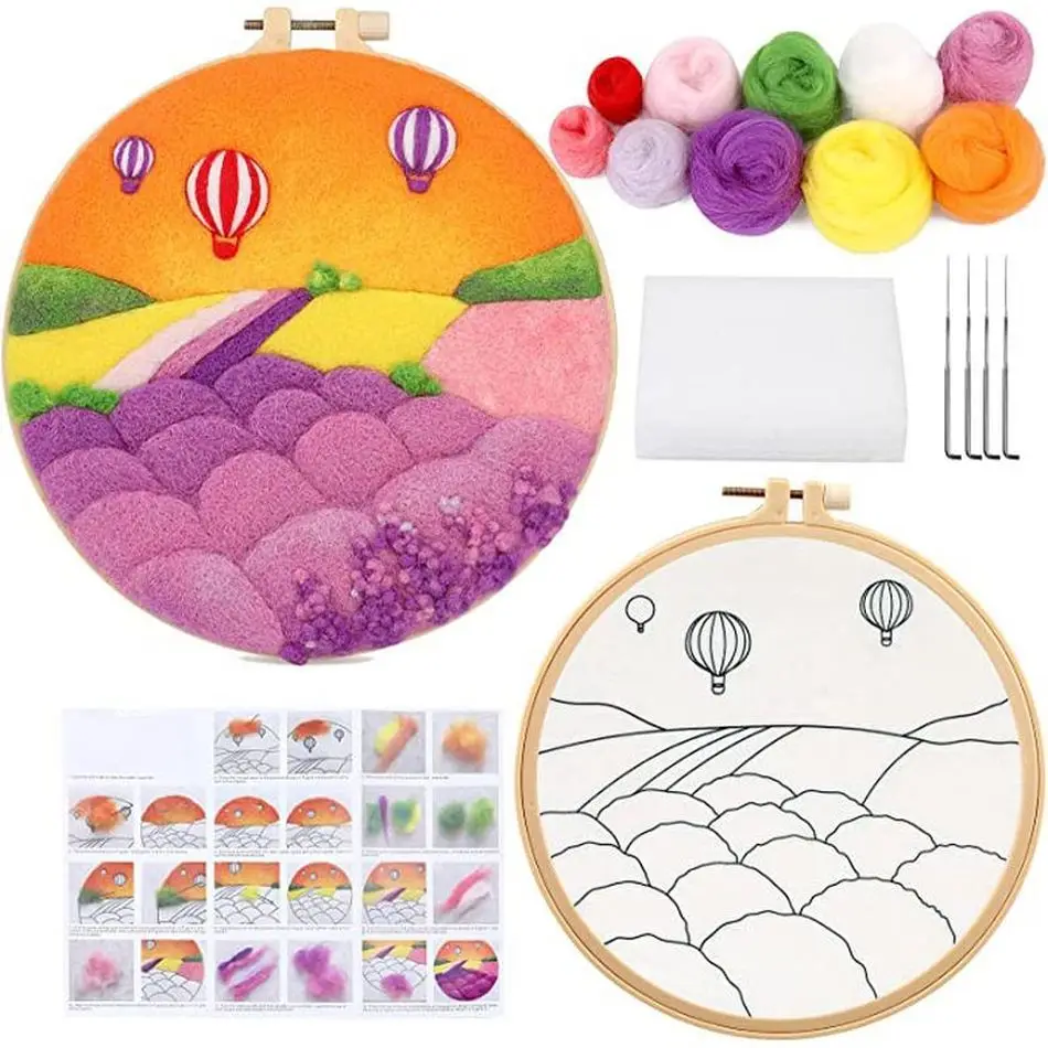 

GATYZTORY DIY Wool Felting Painting With Embroidery Frame 20x20cm Balloon Needle Wool Painting Lavender Picture For DIY Gift