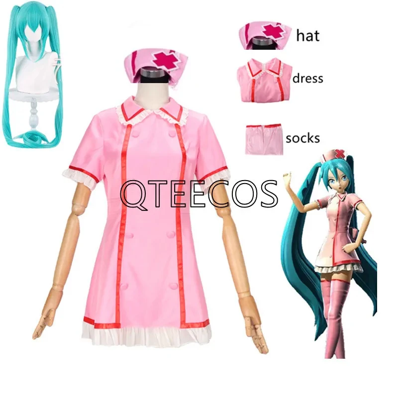 Фото ✠ 2026 ✠   Костюм для косплея Аниме Vocaloid Мику: розовое платье медсестры, женская униформа с шапкой и носками, костюмы для вечеринки на Хэллоуин ✠ №2