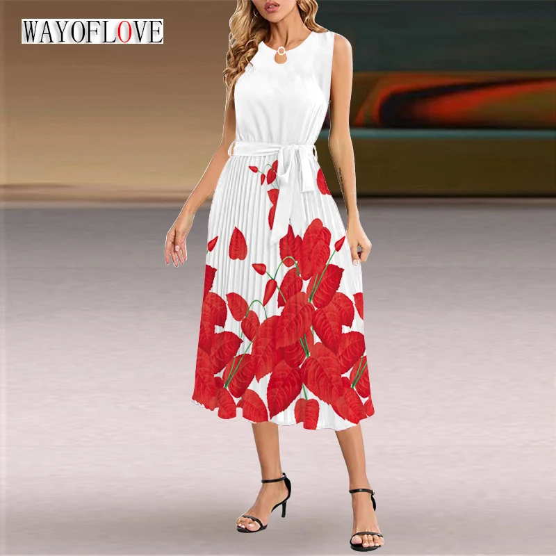 

Женское платье средней длины WAYOFLOVE, весенне-Летнее белое плиссированное платье без рукавов с лепестковым принтом и поясом, повседневное элегантное платье