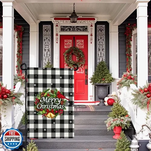 Фото Флаг для сада Cryfox Xmas Garden Flag, 12x18 дюймов, черно-белый, в клетку «Буффало», маленькие флаги для JJE DDI GGX №2
