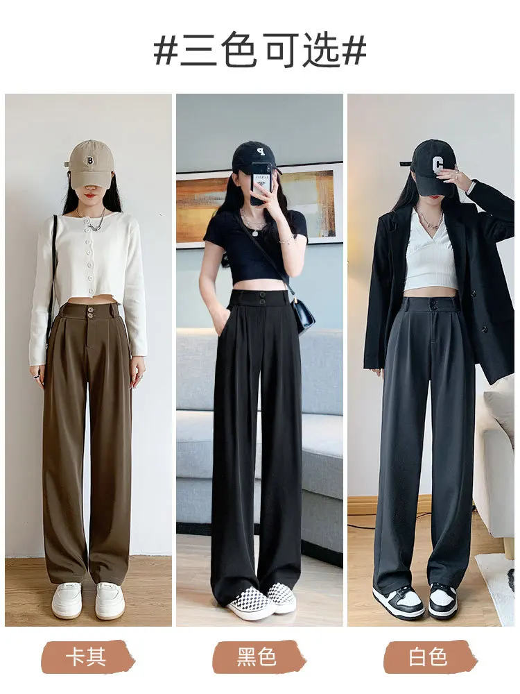 

YingShiTong Tall Waist Wide-Legged Pants Women Show Thin Vertical Two Buckle The Drape Easy Straight Spring Suit