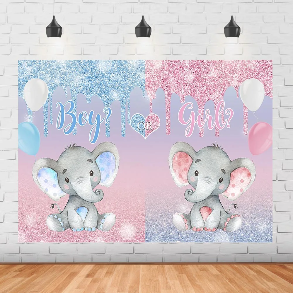 

Gender Reveal Backdrop Boy Or Girl Newborn Baby Shower Party Background Blue and Pink Balloons Glitter Decor Photocall Studio