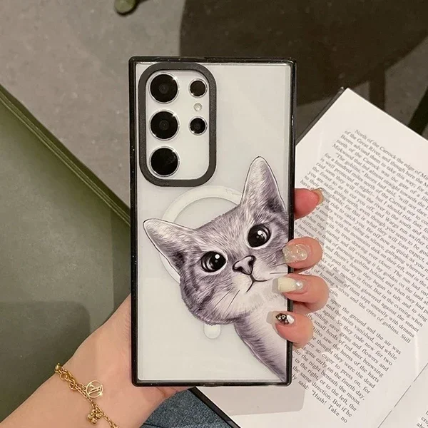 Черный Защитный акриловый чехол MagSafe с изображением кота для Samsung Galaxy S24 U S23U S22 Ultra