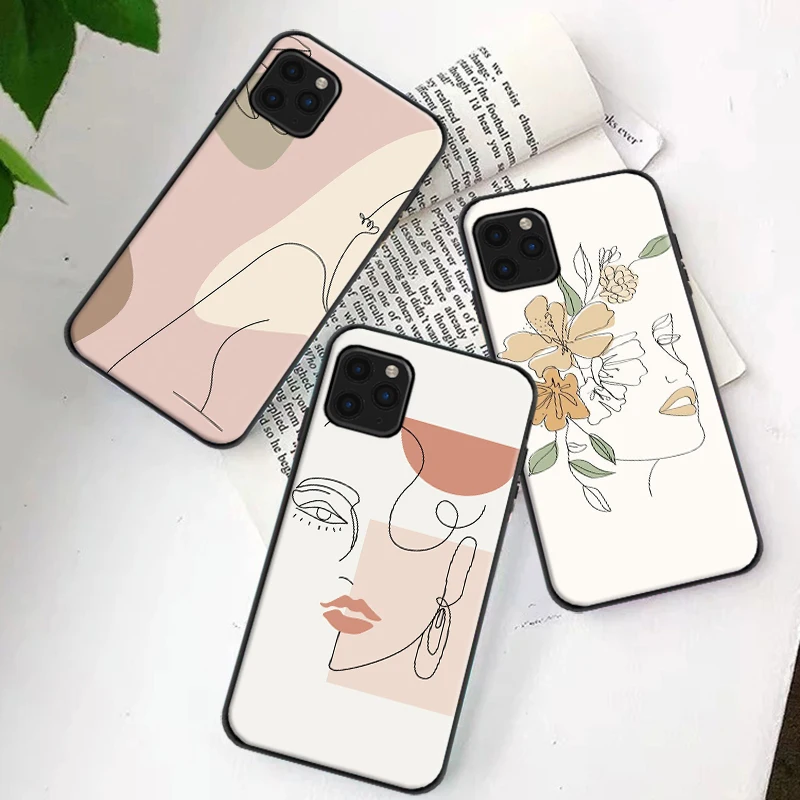 

Abstract Art Line Flower Girl Soft TPU Phone Case For iPhone 6 6S 7 8 X XS XR 11 12 13 13 Pro Mini SE 2020 Coque Black Cover