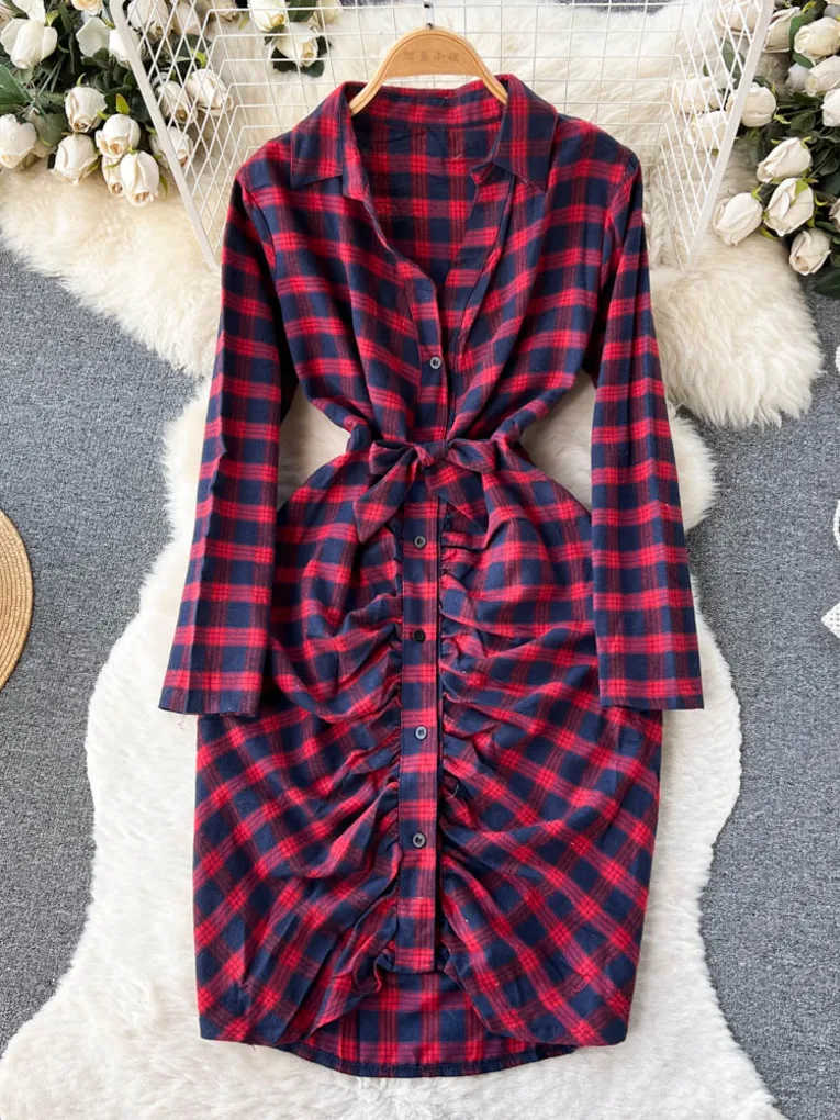 

Foamlina Vintage Plaid Print Shirt Dress Women Fashion Spring Turn-down Collar Long Sleeve Ruched Single Breasted Female Dress