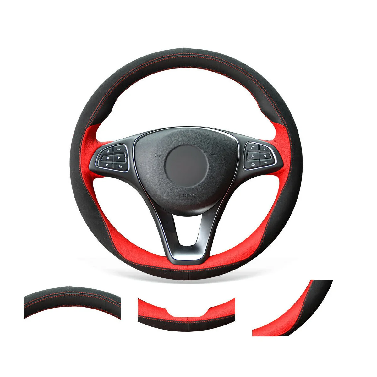 

DIY Custom Soft Black Suede Red Leather Steering Wheel Cover For Benz W205 C117 C218 W213 X15