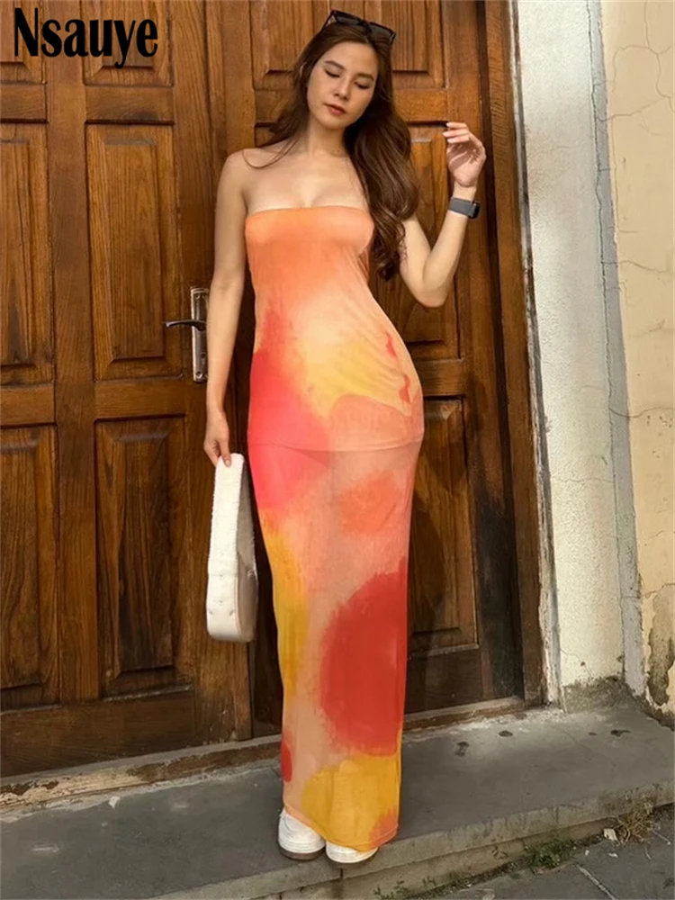 Nsauye сексуальное длинное платье без бретелек с принтом женское открытыми плечами